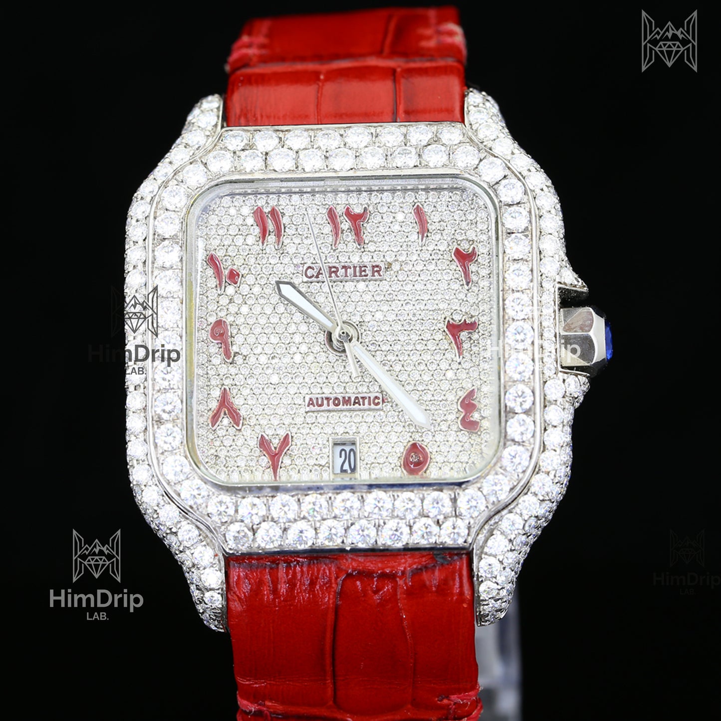 Customized Automatic Moissanite Diamond Luxury Watch | Red Leather Strap | D Color VVS Moissanite