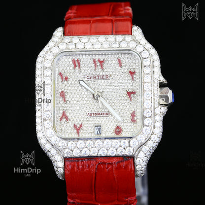 Customized Automatic Moissanite Diamond Luxury Watch | Red Leather Strap | D Color VVS Moissanite