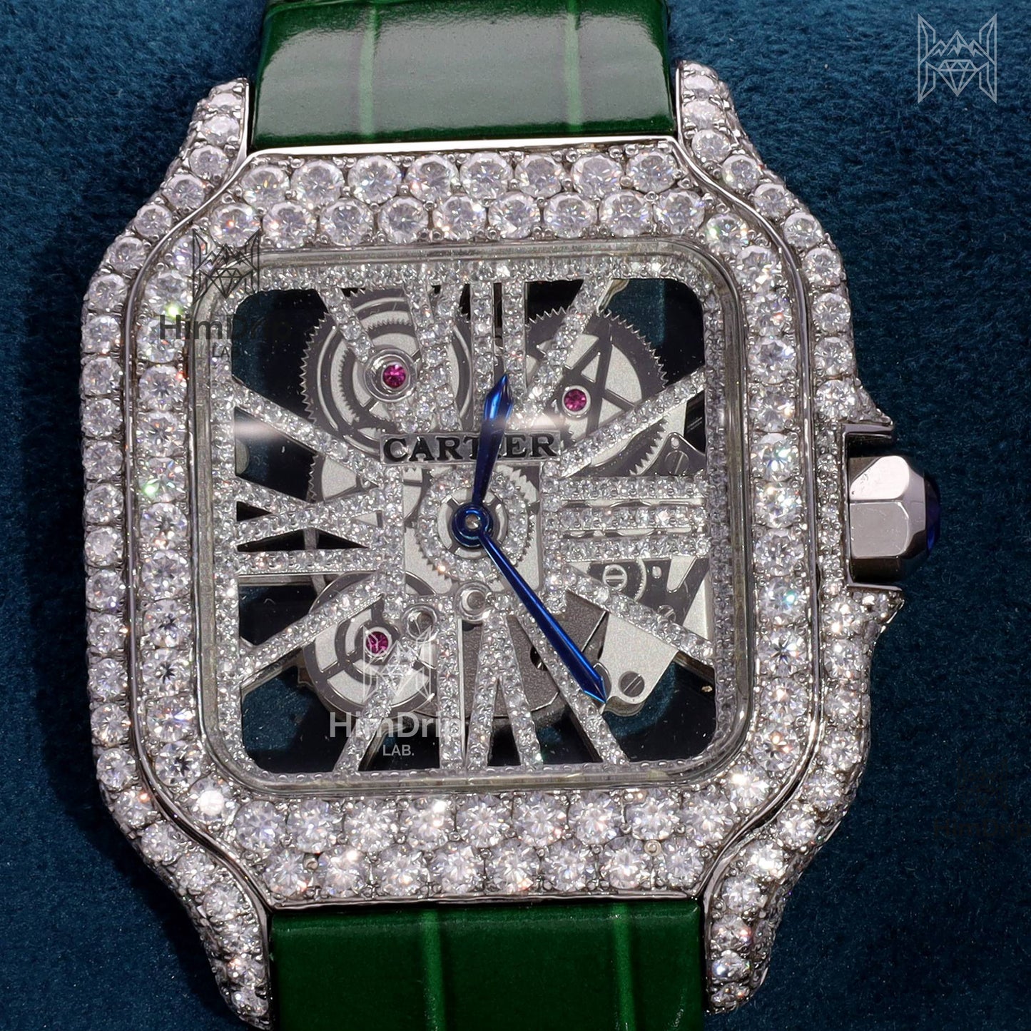 18K White Gold Plated Skeleton Moissanite Watch – Green Rubber Strap | D VVS Moissanite | Japanese Automatic Movement