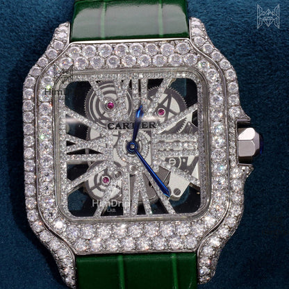 18K White Gold Plated Skeleton Moissanite Watch – Green Rubber Strap | D VVS Moissanite | Japanese Automatic Movement