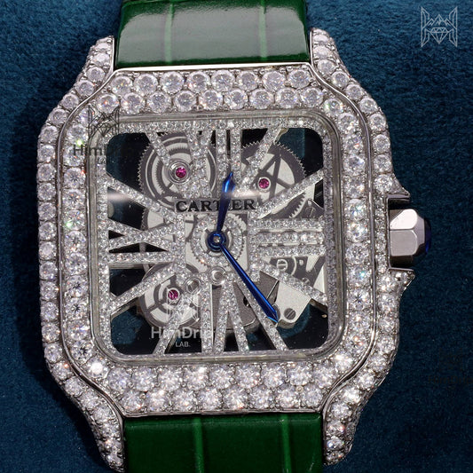 18K White Gold Plated Skeleton Moissanite Watch – Green Rubber Strap | D VVS Moissanite | Japanese Automatic Movement