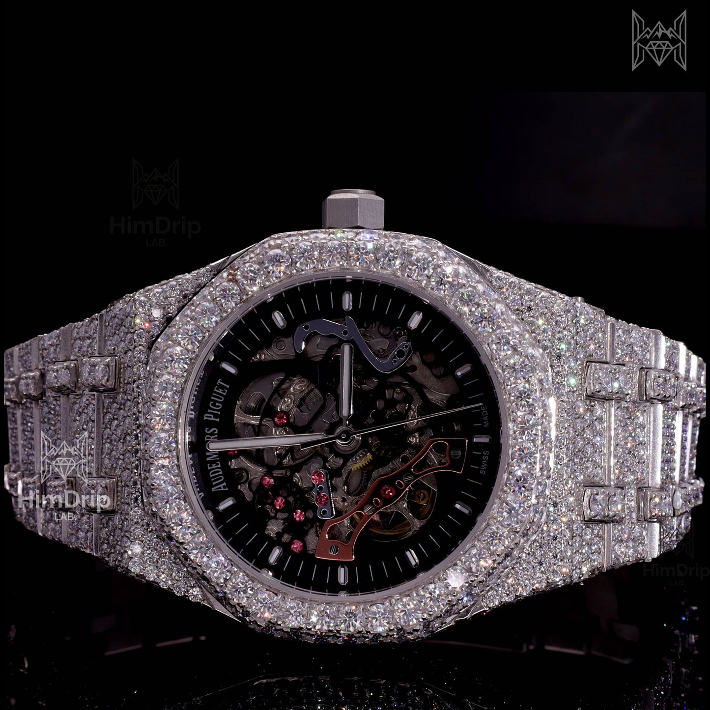 18K White Gold Plated Skeleton Moissanite Watch – Black Dial | D VVS Moissanite | Japanese / Semi ETA / ETA Automatic Movement