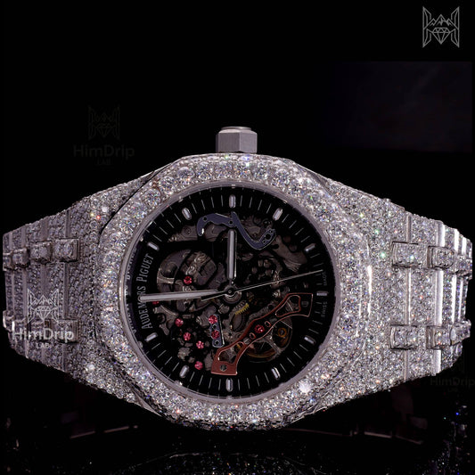 18K White Gold Plated Skeleton Moissanite Watch – Black Dial | D VVS Moissanite | Japanese / Semi ETA / ETA Automatic Movement