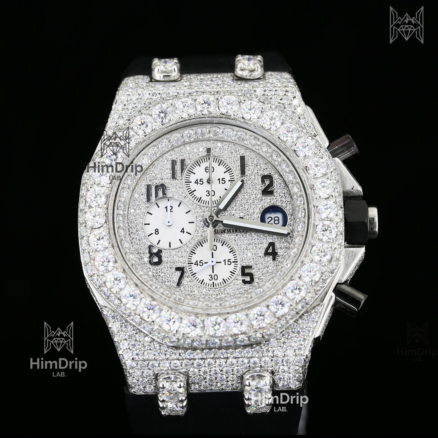 18K White Gold Plated Men's Iced Out Moissanite Chronograph Watch | Black Rubber Strap | D Color VVS Moissanite