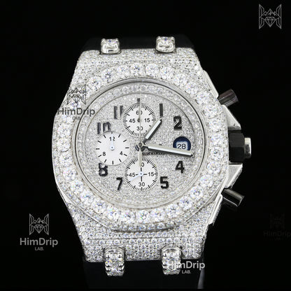 18K White Gold Plated Men's Iced Out Moissanite Chronograph Watch | Black Rubber Strap | D Color VVS Moissanite