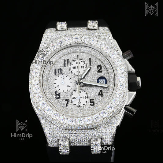 18K White Gold Plated Men's Iced Out Moissanite Chronograph Watch | Black Rubber Strap | D Color VVS Moissanite