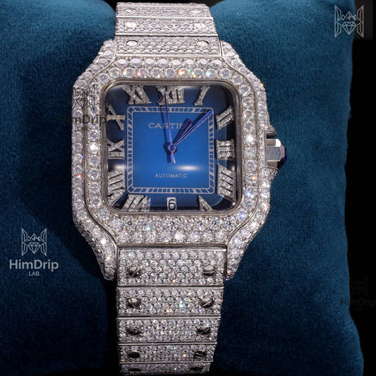 18K White Gold Plated Iced Out Square Moissanite Watch – Blue Sunburst Dial | D VVS Moissanite | Japanese / Semi ETA / ETA Automatic Movement