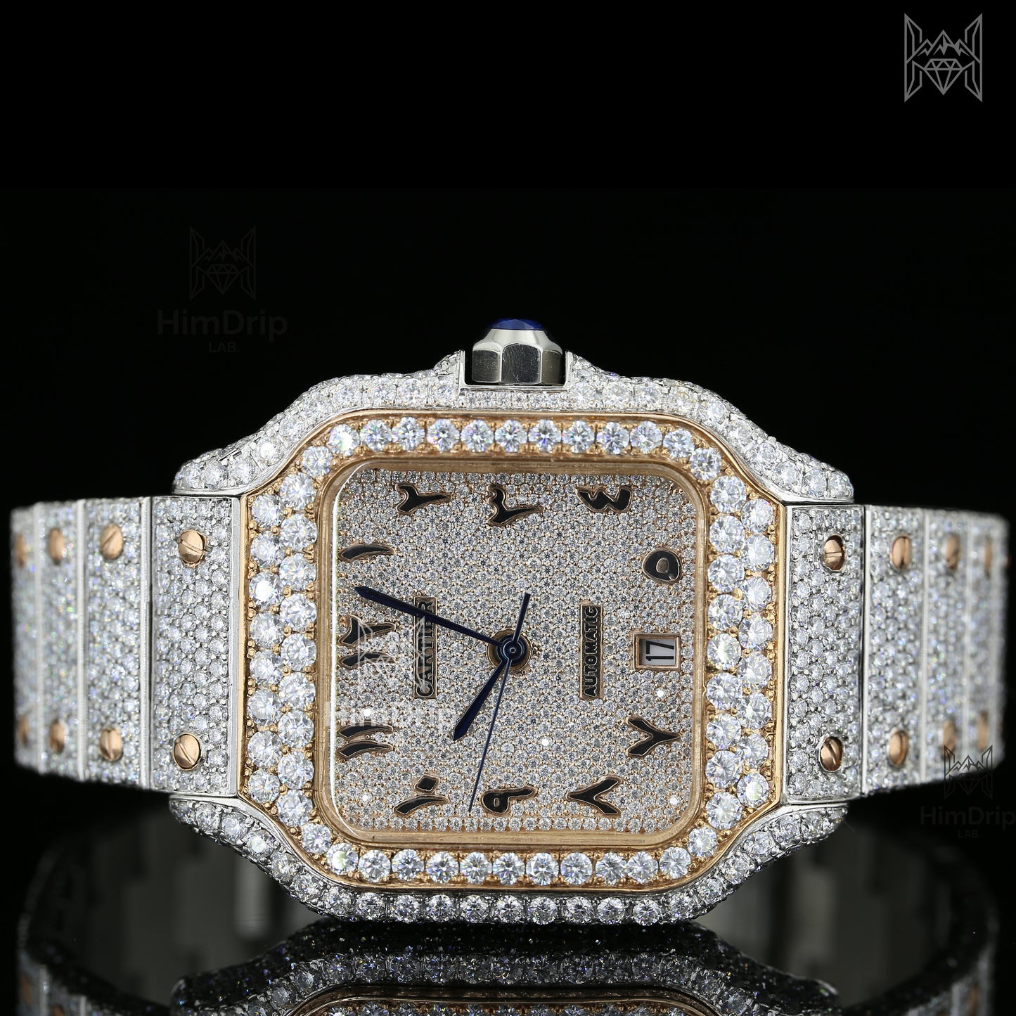 18K White & Rose Gold Plated Iced Out Square Moissanite Watch – Champagne Diamond Dial | D VVS Moissanite | Japanese / Semi ETA / ETA Automatic Movement
