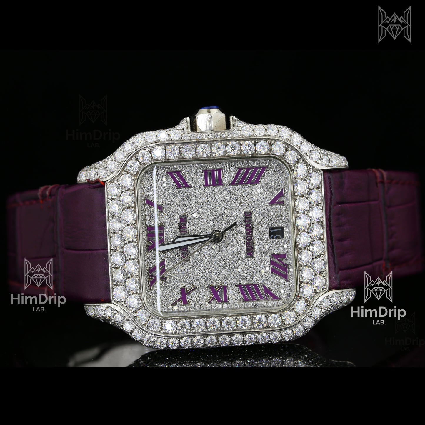 Customized Santos Style Watch – Iced Out | Purple Leather Strap | Automatic Movement