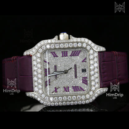 Customized Santos Style Watch – Iced Out | Purple Leather Strap | Automatic Movement
