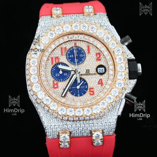 Customized Audemars Piguet Royal Oak Offshore | Iced Out | Rose Gold Bezel | Red Rubber Strap | Automatic Movement