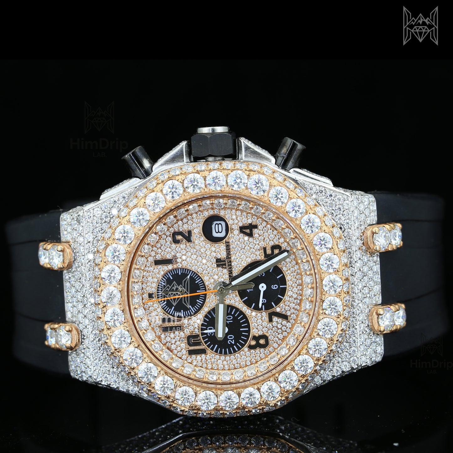 18K White & Rose Gold Plated Iced Out Moissanite Watch – Black Silicone Strap | D VVS Moissanite | Japanese Automatic Movement