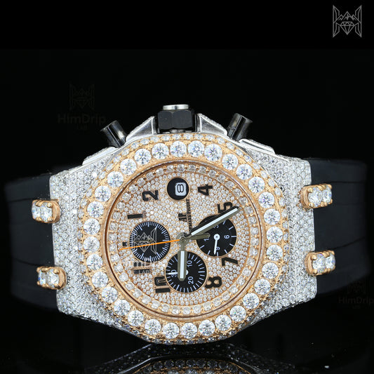 18K White & Rose Gold Plated Iced Out Moissanite Watch – Black Silicone Strap | D VVS Moissanite | Japanese Automatic Movement
