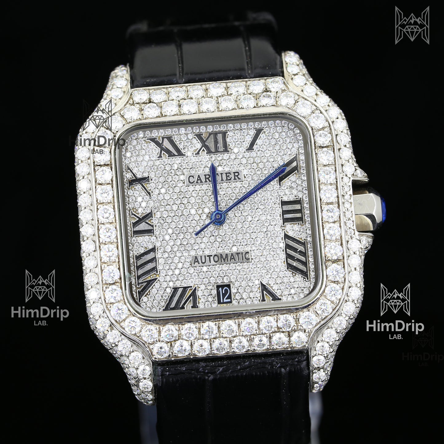 Customized Cartier Santos | Fully Iced Out | Automatic Movement | Black Leather Strap