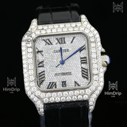 Customized Cartier Santos | Fully Iced Out | Automatic Movement | Black Leather Strap