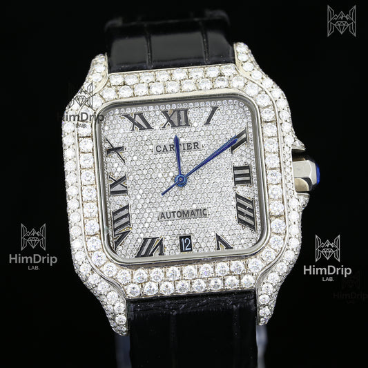 Customized Cartier Santos | Fully Iced Out | Automatic Movement | Black Leather Strap
