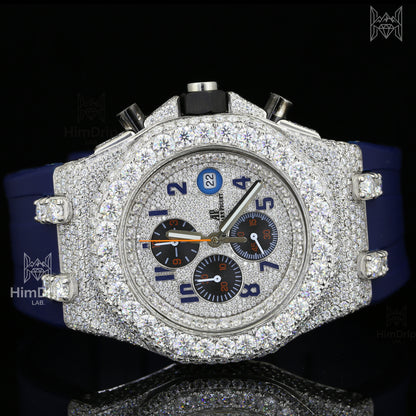 18K White Gold Plated Iced Out Moissanite Watch – Blue Silicone Strap | D VVS Moissanite | Japanese Quartz Movement