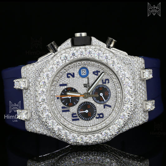 18K White Gold Plated Iced Out Moissanite Watch – Blue Silicone Strap | D VVS Moissanite | Japanese Quartz Movement