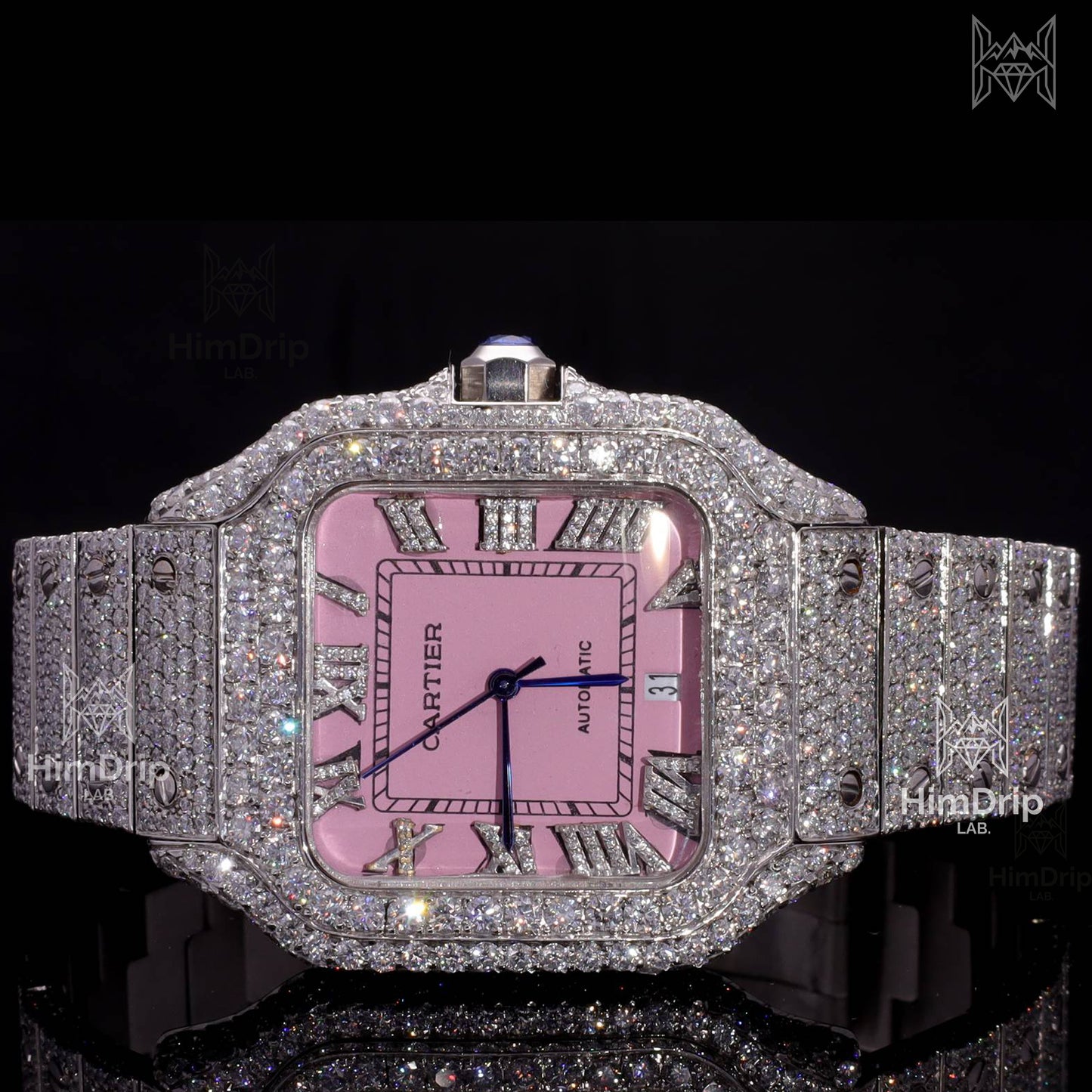 Customized Cartier Santos | Fully Iced Out Diamond Watch | Pink Dial | Automatic Movement