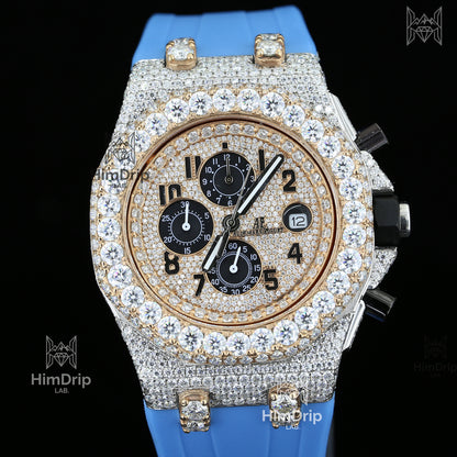 Moissanite Diamond 18K Rose Gold Plated Royal Oak Offshore Chronograph Rubber Strap Watch For Men
