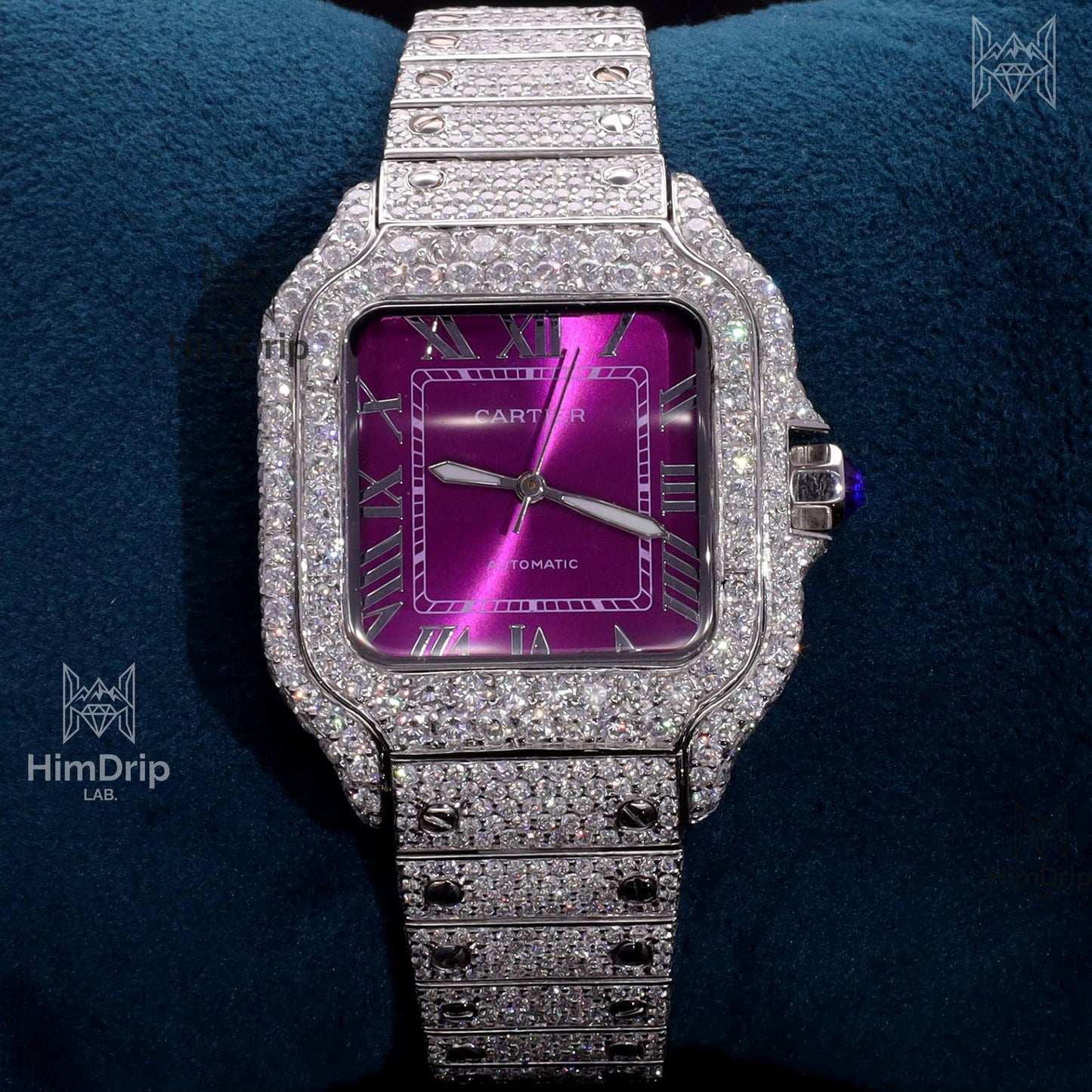18K White Gold Plated Iced Out Square Moissanite Watch – Purple Dial | D VVS Moissanite | Japanese / Semi ETA / ETA Automatic Movement