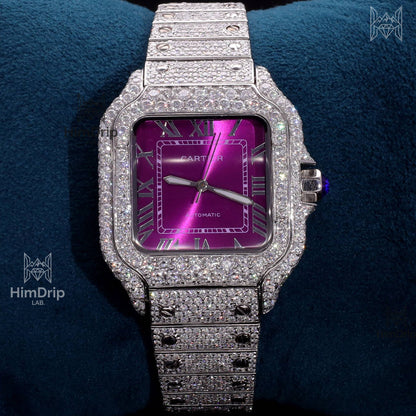 18K White Gold Plated Iced Out Square Moissanite Watch – Purple Dial | D VVS Moissanite | Japanese / Semi ETA / ETA Automatic Movement