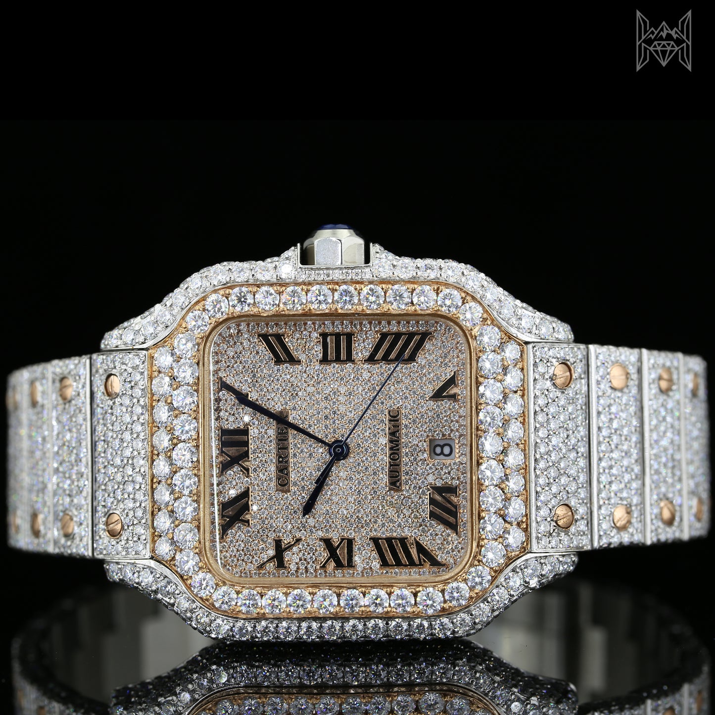 18K White & Rose Gold Plated Iced Out Square Moissanite Watch – Champagne Diamond Dial | D VVS Moissanite | Japanese / Semi ETA / ETA Automatic Movement
