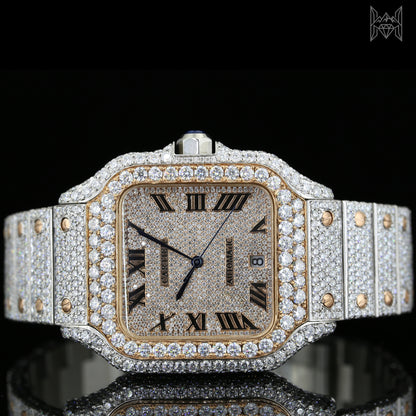 18K White & Rose Gold Plated Iced Out Square Moissanite Watch – Champagne Diamond Dial | D VVS Moissanite | Japanese / Semi ETA / ETA Automatic Movement