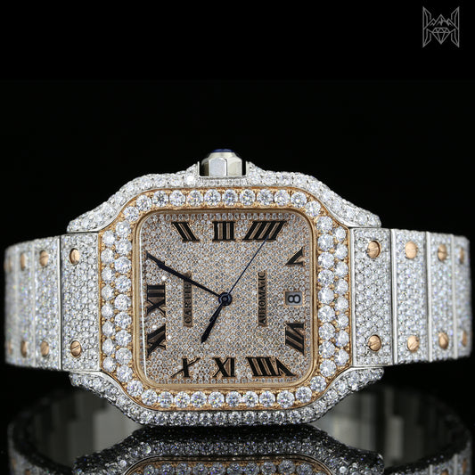 18K White & Rose Gold Plated Iced Out Square Moissanite Watch – Champagne Diamond Dial | D VVS Moissanite | Japanese / Semi ETA / ETA Automatic Movement