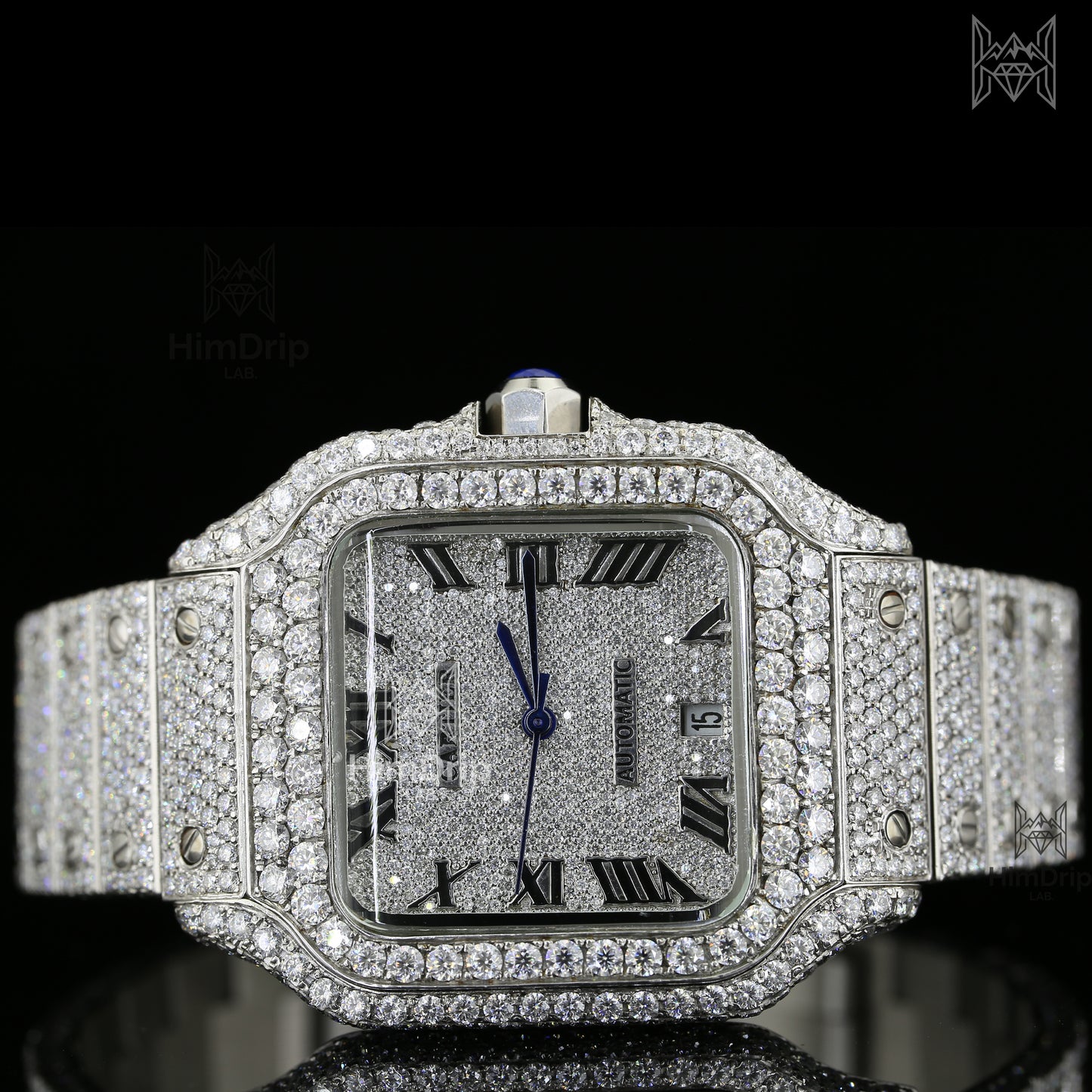 Luxury iced-out square watch featuring D Color VVS Moissanite stones, 18K White Gold Plated finish, silver diamond-paved dial, and your choice of Japanese, Semi ETA, or ETA Automatic movement.