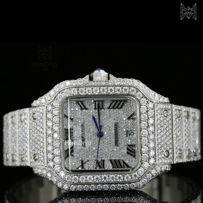Luxury iced-out square watch featuring D Color VVS Moissanite stones, 18K White Gold Plated finish, silver diamond-paved dial, and your choice of Japanese, Semi ETA, or ETA Automatic movement.