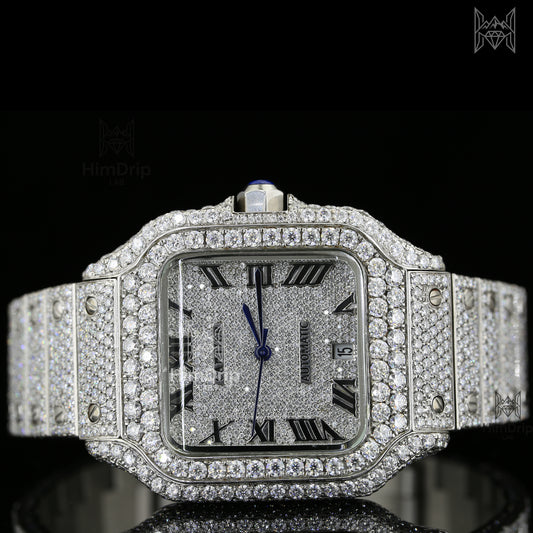 Luxury iced-out square watch featuring D Color VVS Moissanite stones, 18K White Gold Plated finish, silver diamond-paved dial, and your choice of Japanese, Semi ETA, or ETA Automatic movement.