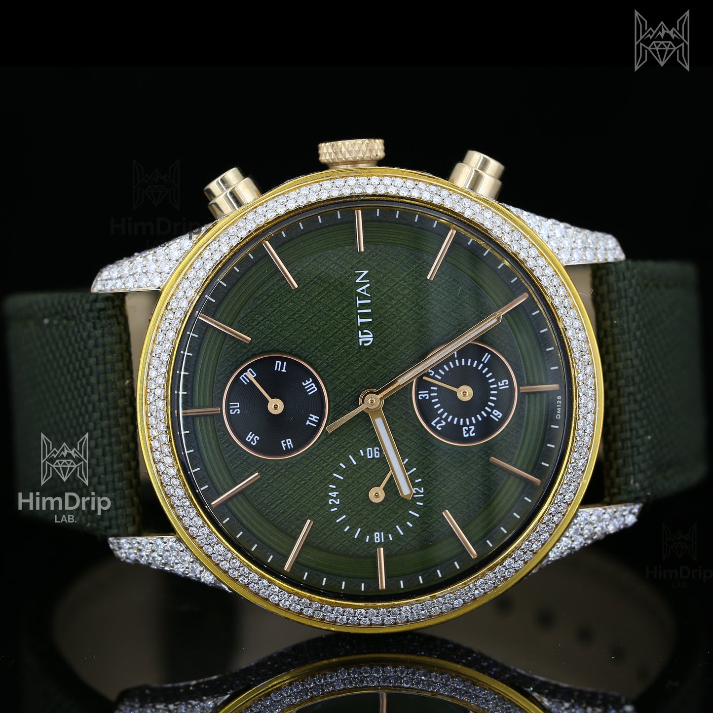 Titan Quartz Watch | Moissanite Diamond Bezel | Green Dial | Green Fabric Strap | Gold Tone Case