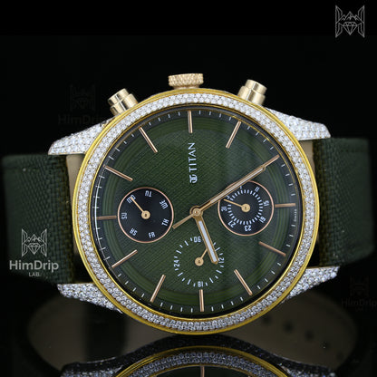 Titan Quartz Watch | Moissanite Diamond Bezel | Green Dial | Green Fabric Strap | Gold Tone Case
