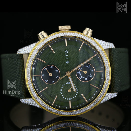 Titan Quartz Watch | Moissanite Diamond Bezel | Green Dial | Green Fabric Strap | Gold Tone Case