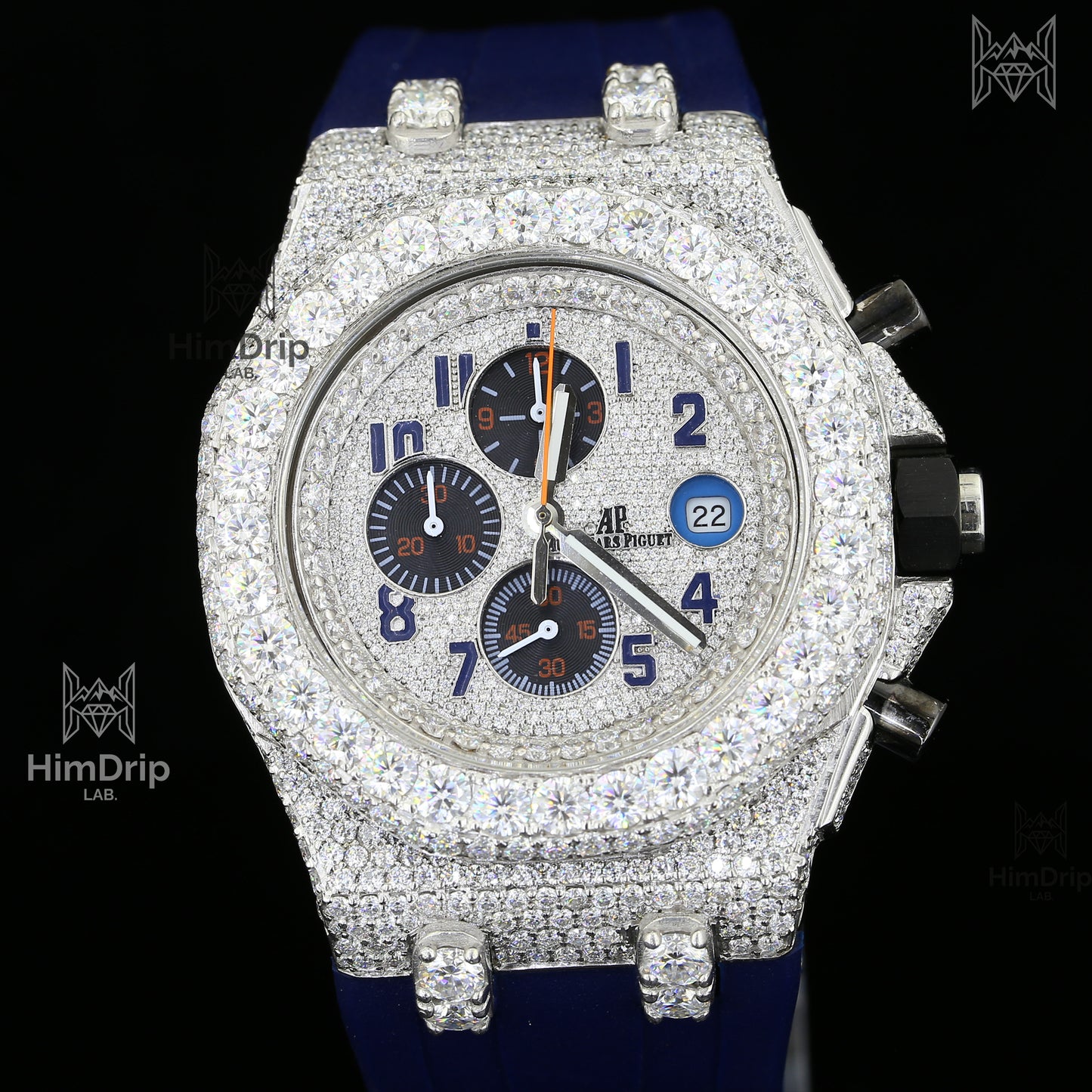 18K White Gold Plated Iced Out Moissanite Watch – Blue Silicone Strap | D VVS Moissanite | Japanese Quartz Movement