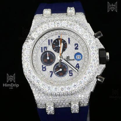 18K White Gold Plated Iced Out Moissanite Watch – Blue Silicone Strap | D VVS Moissanite | Japanese Quartz Movement