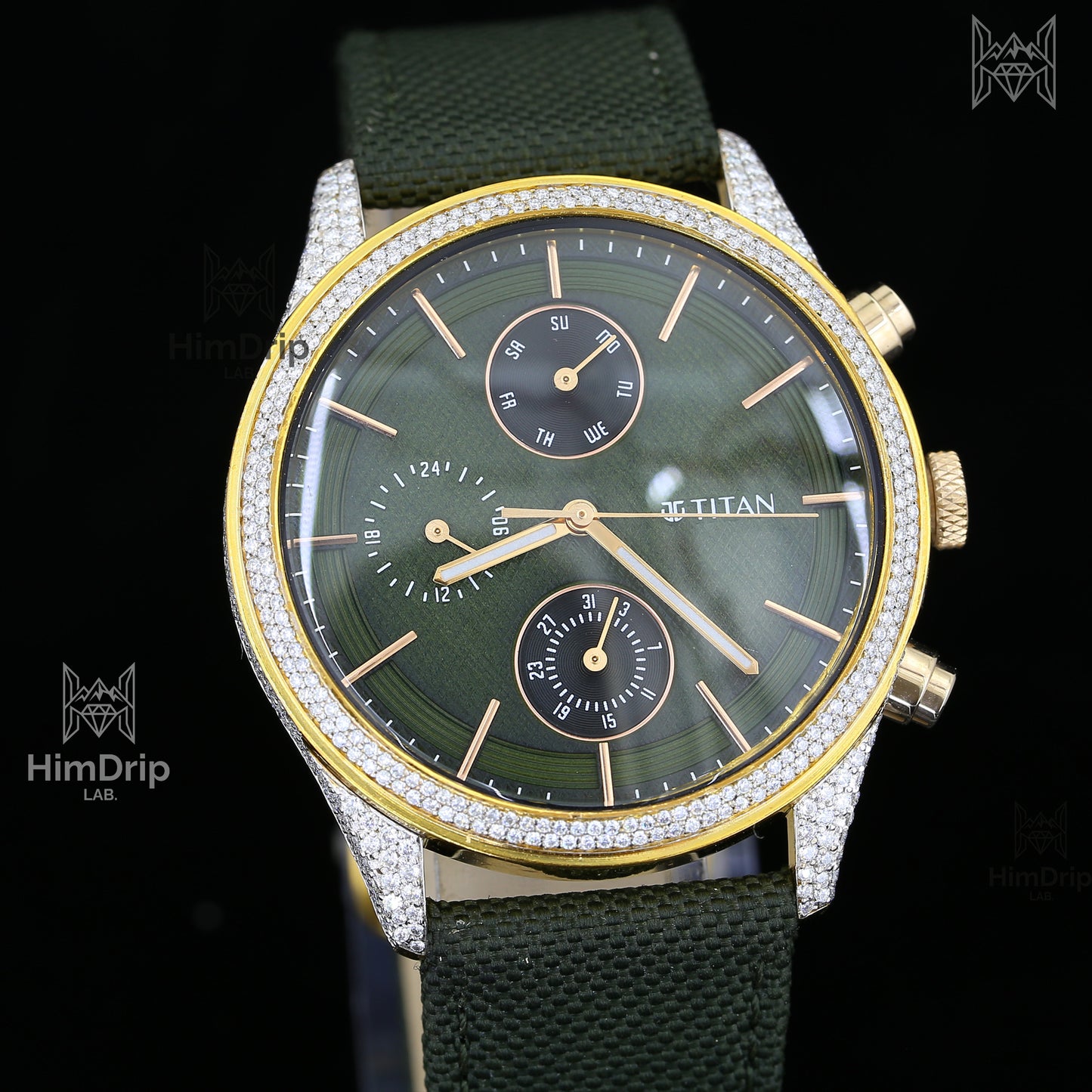 Titan Quartz Watch | Moissanite Diamond Bezel | Green Dial | Green Fabric Strap | Gold Tone Case