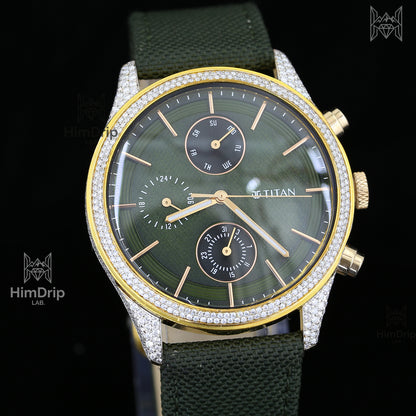 Titan Quartz Watch | Moissanite Diamond Bezel | Green Dial | Green Fabric Strap | Gold Tone Case