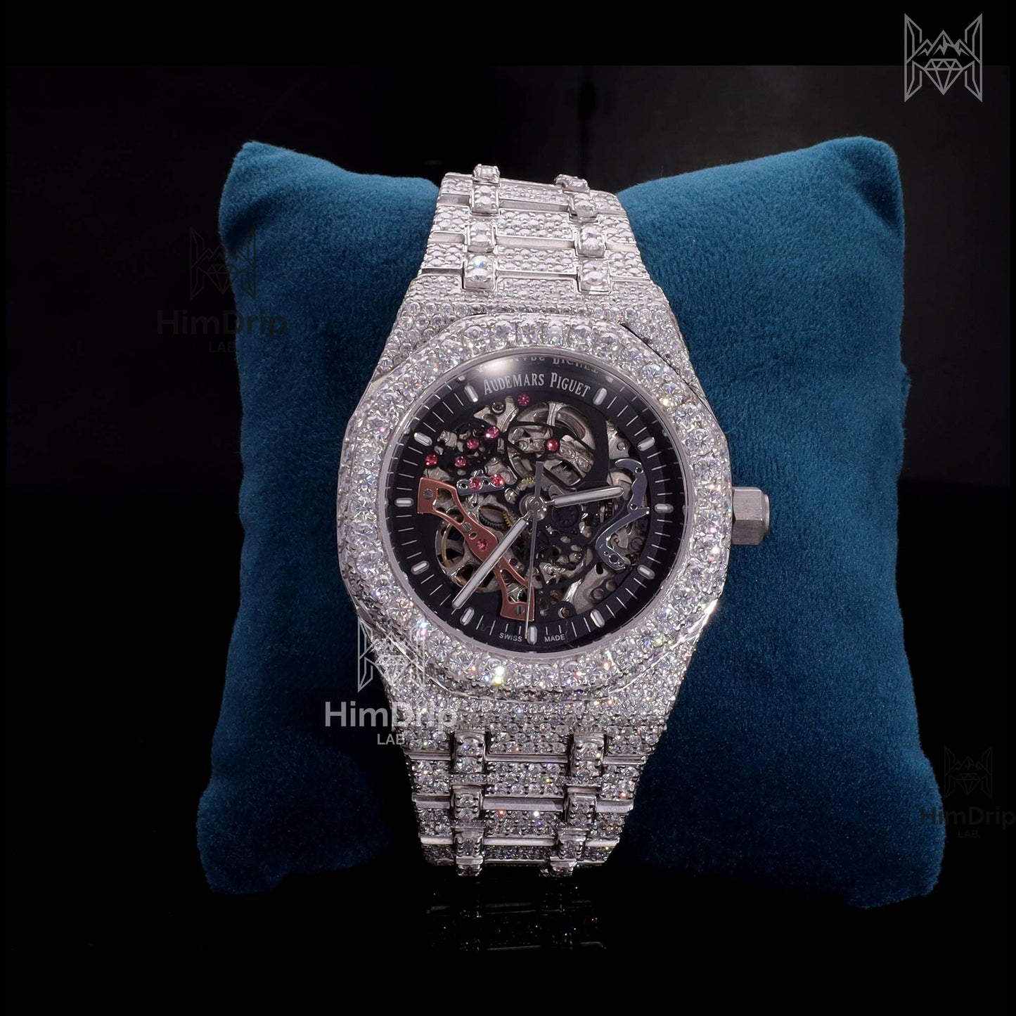 18K White Gold Plated Skeleton Moissanite Watch – Black Dial | D VVS Moissanite | Japanese / Semi ETA / ETA Automatic Movement