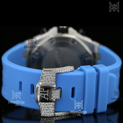 Moissanite Diamond 18K Rose Gold Plated Royal Oak Offshore Chronograph Rubber Strap Watch For Men