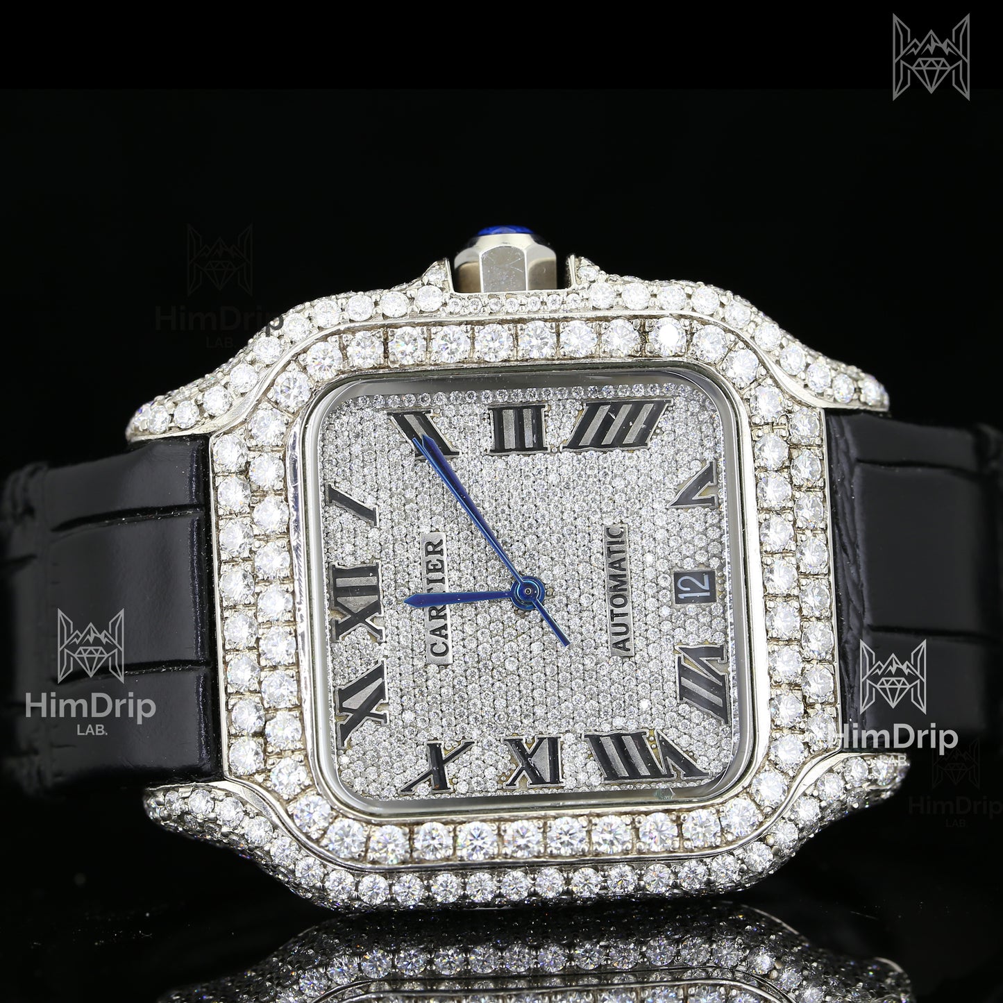 Customized Cartier Santos | Fully Iced Out | Automatic Movement | Black Leather Strap