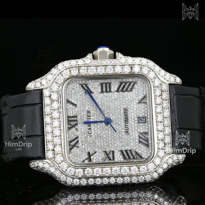 Customized Cartier Santos | Fully Iced Out | Automatic Movement | Black Leather Strap