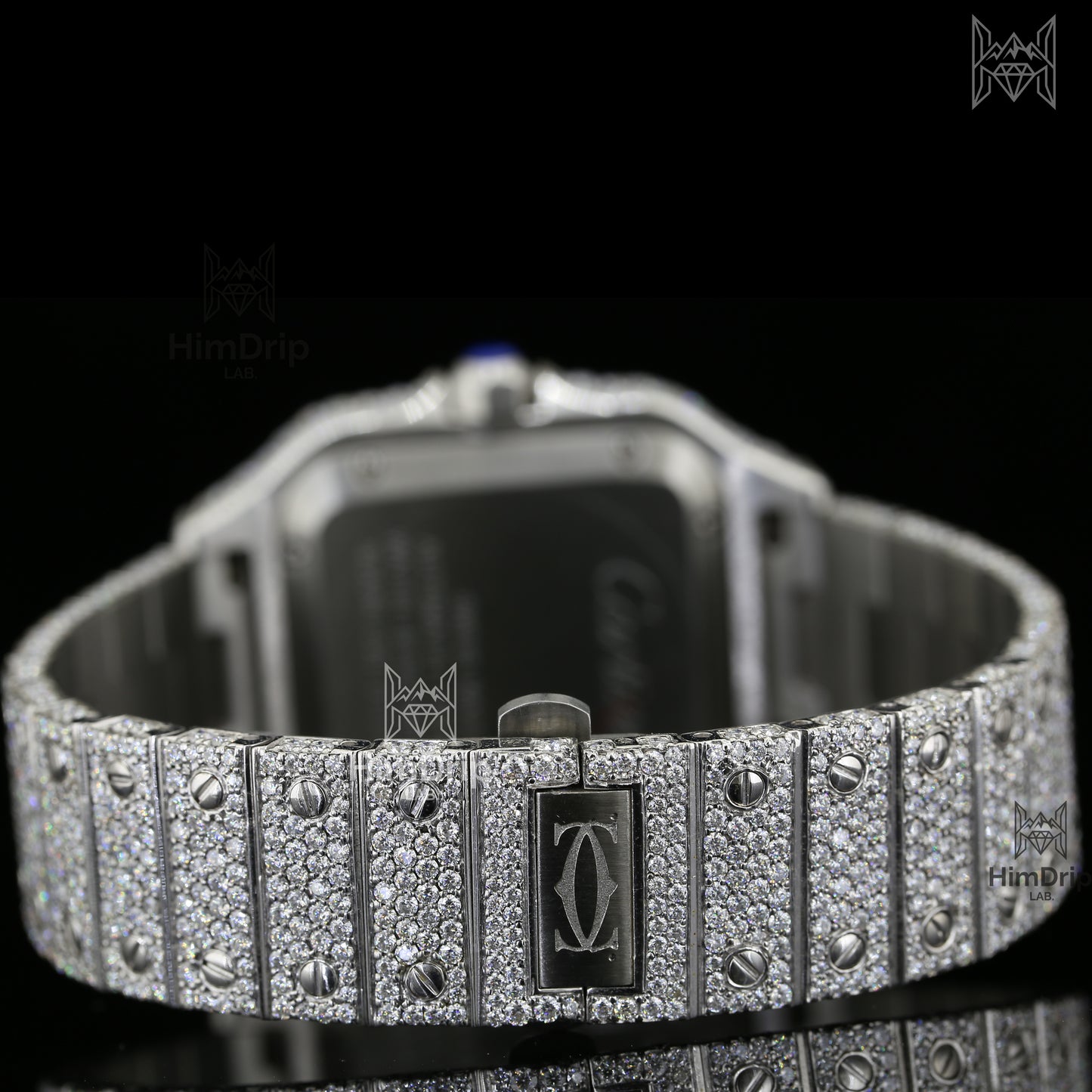 Luxury iced-out square watch featuring D Color VVS Moissanite stones, 18K White Gold Plated finish, silver diamond-paved dial, and your choice of Japanese, Semi ETA, or ETA Automatic movement.