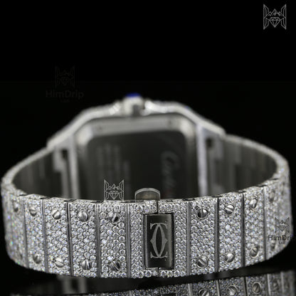 Luxury iced-out square watch featuring D Color VVS Moissanite stones, 18K White Gold Plated finish, silver diamond-paved dial, and your choice of Japanese, Semi ETA, or ETA Automatic movement.