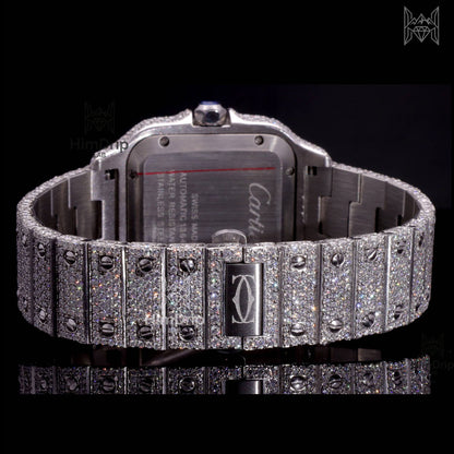 18K White Gold Plated Iced Out Square Moissanite Watch – Silver Dial | D VVS Moissanite | Japanese / Semi ETA / ETA Automatic Movement