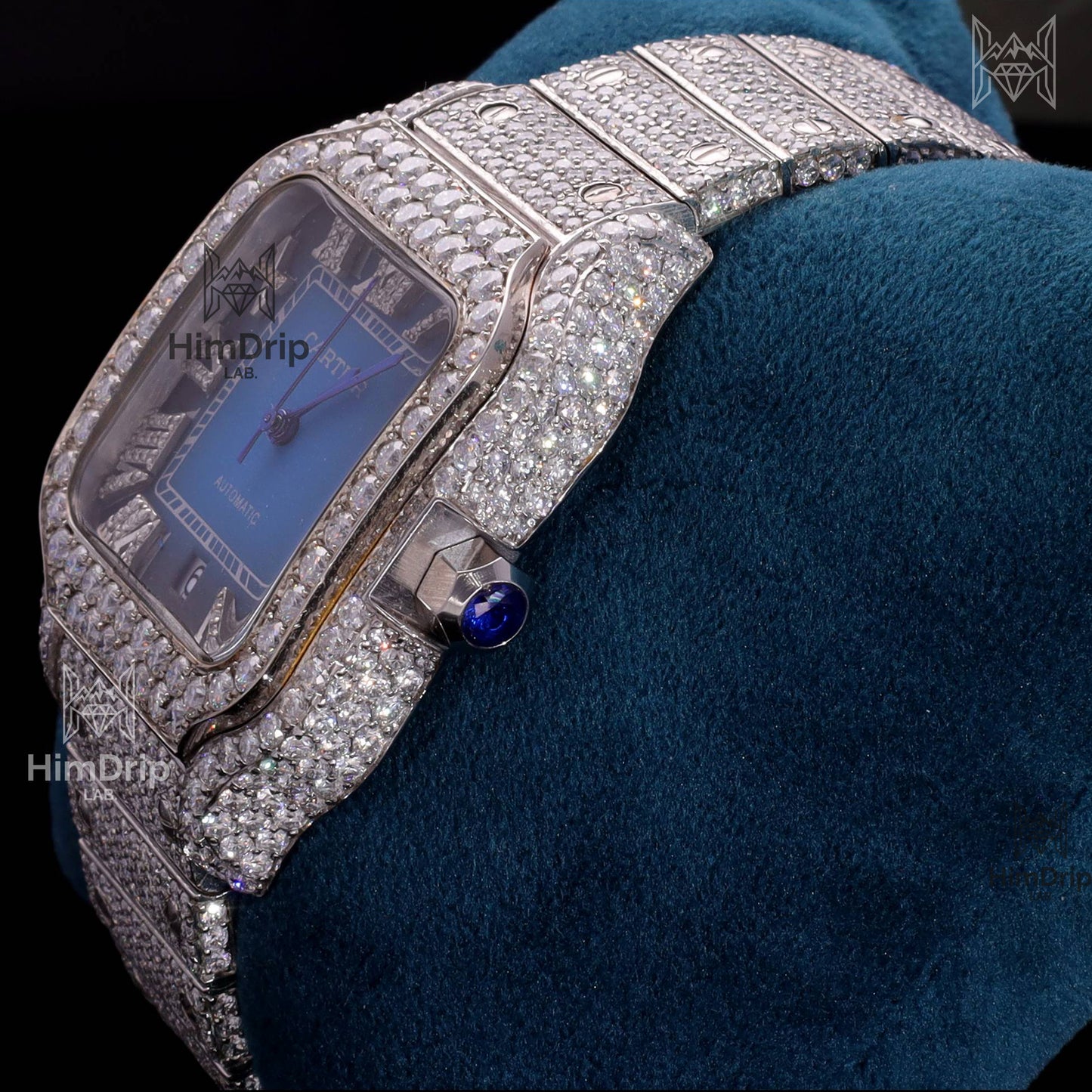 18K White Gold Plated Iced Out Square Moissanite Watch – Blue Sunburst Dial | D VVS Moissanite | Japanese / Semi ETA / ETA Automatic Movement