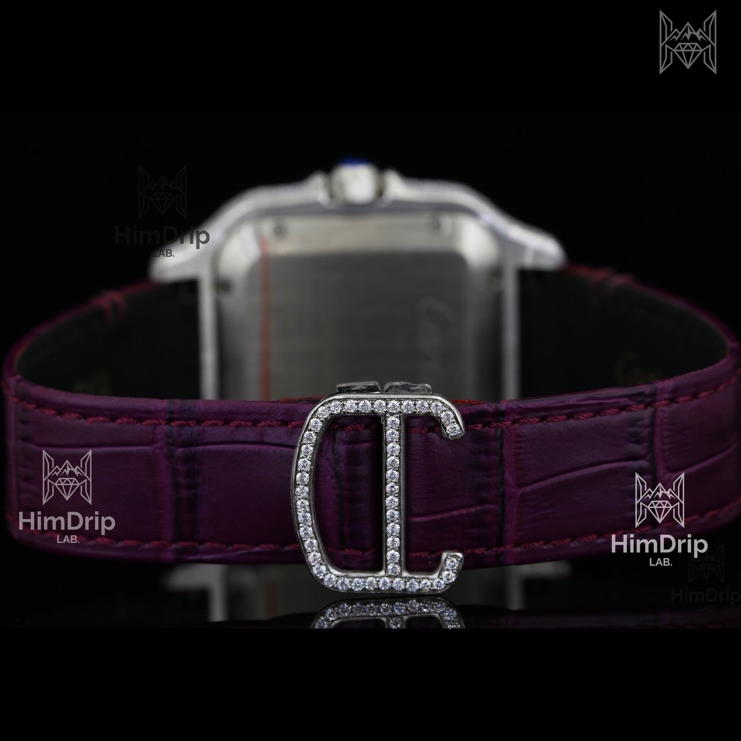 Customized Santos Style Watch – Iced Out | Purple Leather Strap | Automatic Movement