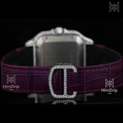 Customized Santos Style Watch – Iced Out | Purple Leather Strap | Automatic Movement