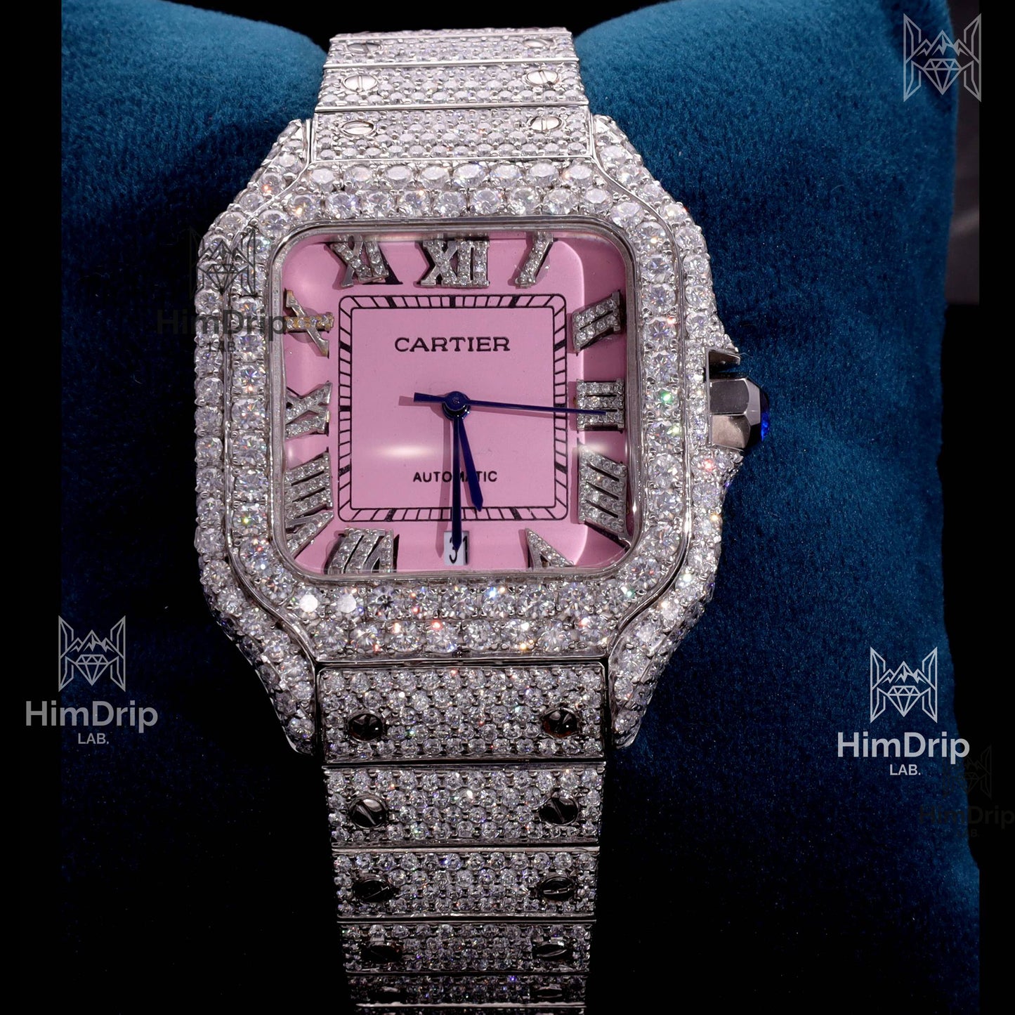 Customized Cartier Santos | Fully Iced Out Diamond Watch | Pink Dial | Automatic Movement